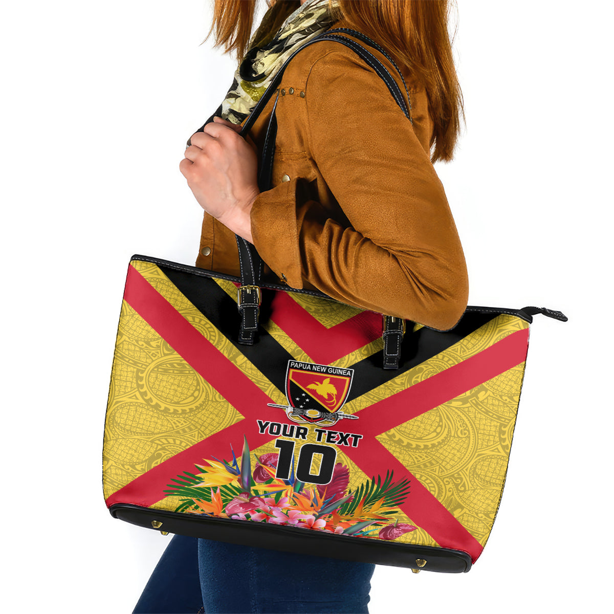 Custom Papua New Guinea Rugby Leather Tote Bag Bird of Paradise and Hibiscus Polynesian Pattern Yellow Color LT03 Yellow - Polynesian Pride