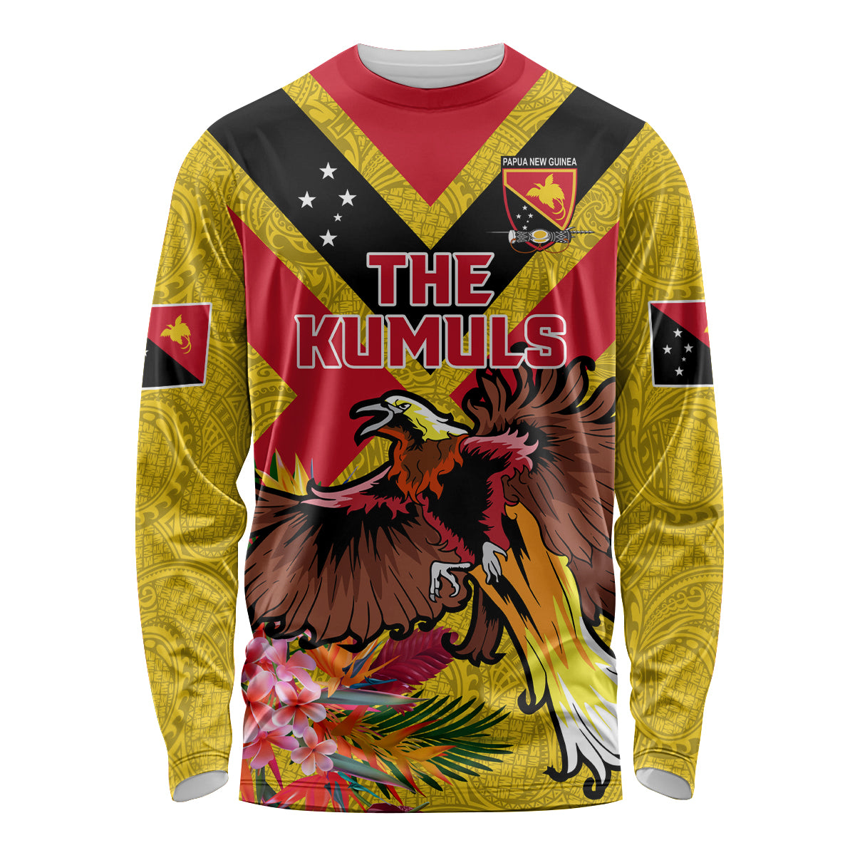 Custom Papua New Guinea Rugby Long Sleeve Shirt Bird of Paradise and Hibiscus Polynesian Pattern Yellow Color LT03