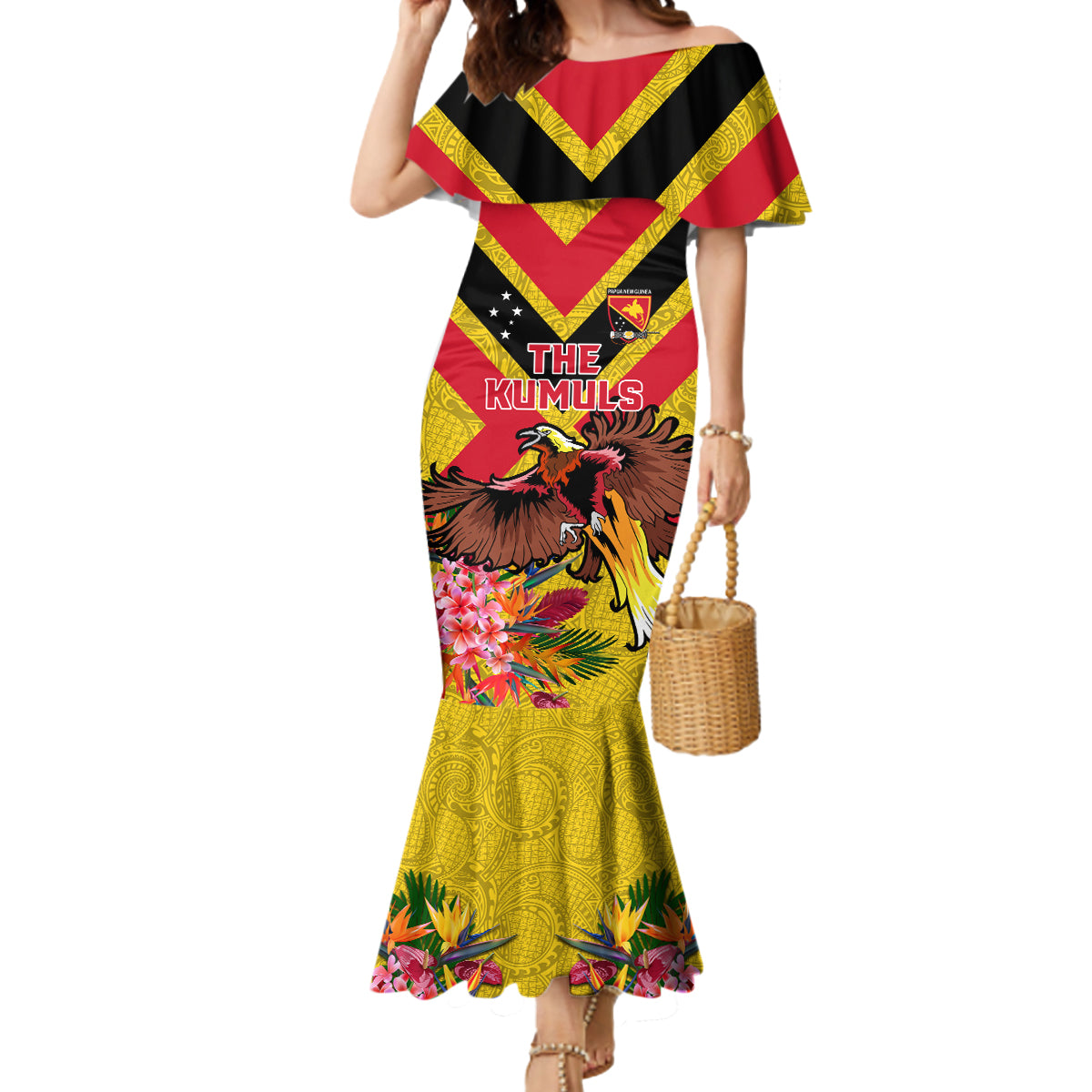 Custom Papua New Guinea Rugby Mermaid Dress Bird of Paradise and Hibiscus Polynesian Pattern Yellow Color LT03