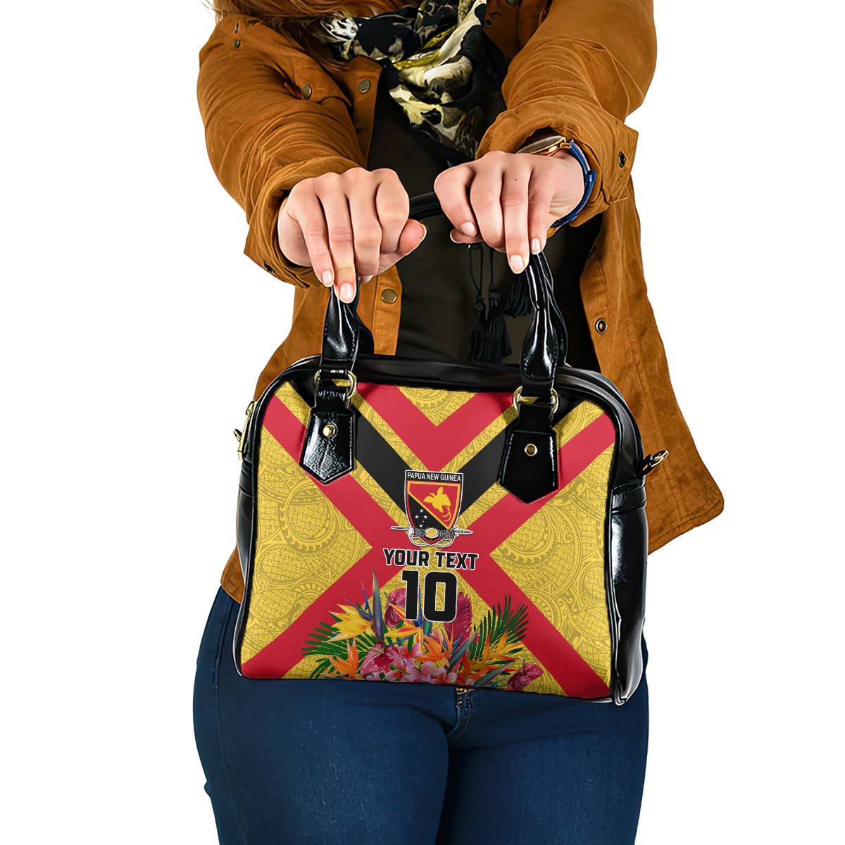 Custom Papua New Guinea Rugby Shoulder Handbag Bird of Paradise and Hibiscus Polynesian Pattern Yellow Color