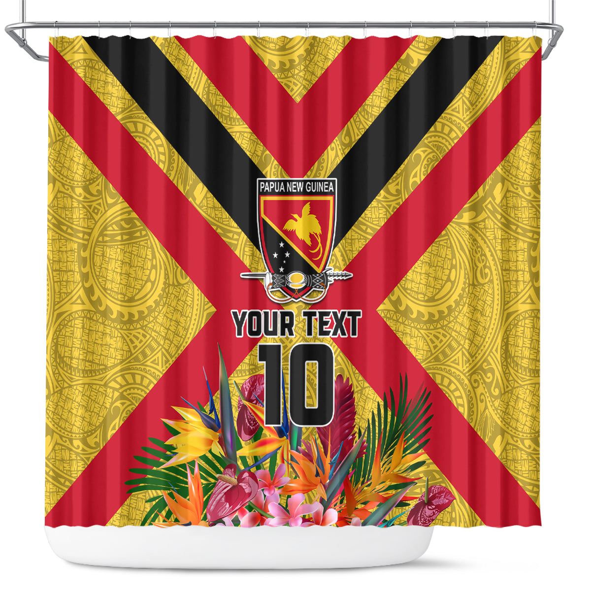 Custom Papua New Guinea Rugby Shower Curtain Bird of Paradise and Hibiscus Polynesian Pattern Yellow Color