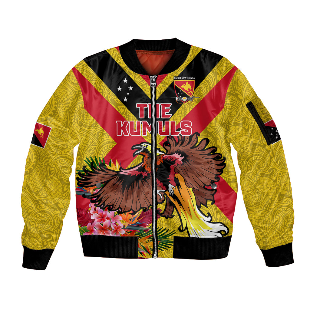 Custom Papua New Guinea Rugby Sleeve Zip Bomber Jacket Bird of Paradise and Hibiscus Polynesian Pattern Yellow Color LT03 Unisex Yellow - Polynesian Pride