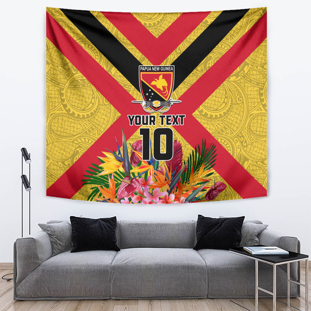 Custom Papua New Guinea Rugby Tapestry Bird of Paradise and Hibiscus Polynesian Pattern Yellow Color