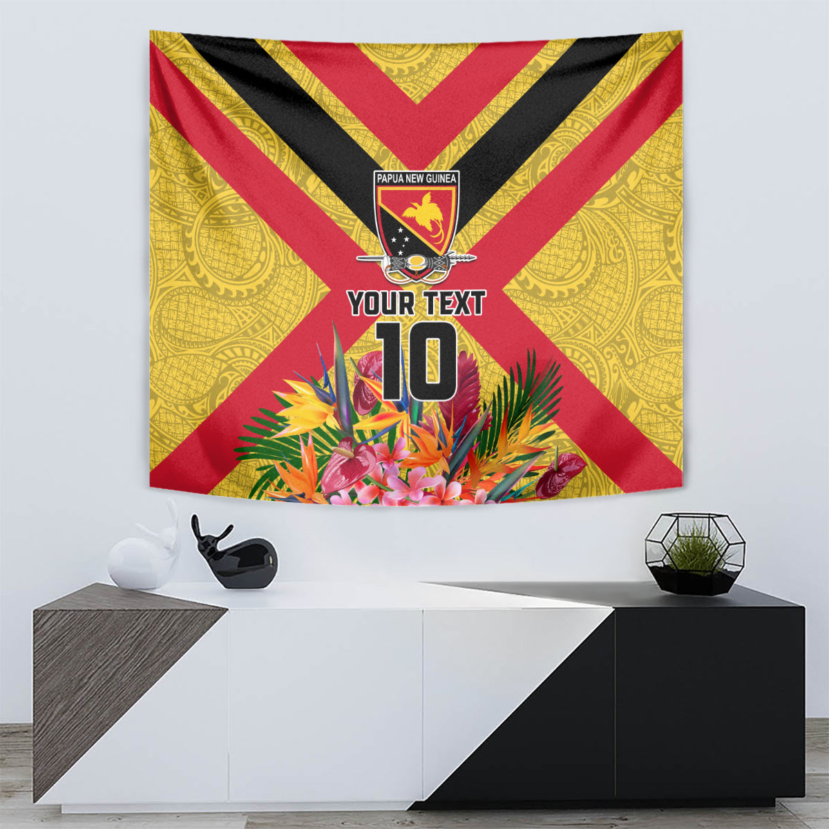 Custom Papua New Guinea Rugby Tapestry Bird of Paradise and Hibiscus Polynesian Pattern Yellow Color LT03 - Polynesian Pride