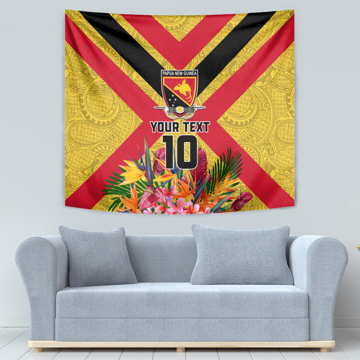 Custom Papua New Guinea Rugby Tapestry Bird of Paradise and Hibiscus Polynesian Pattern Yellow Color LT03 - Polynesian Pride