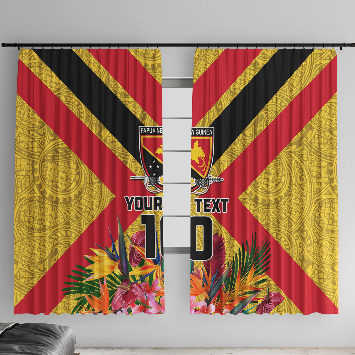 Custom Papua New Guinea Rugby Window Curtain Bird of Paradise and Hibiscus Polynesian Pattern Yellow Color