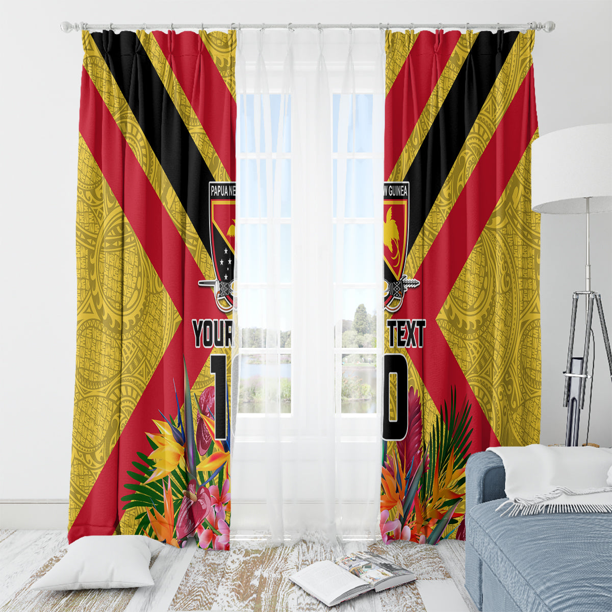 Custom Papua New Guinea Rugby Window Curtain Bird of Paradise and Hibiscus Polynesian Pattern Yellow Color LT03 - Polynesian Pride