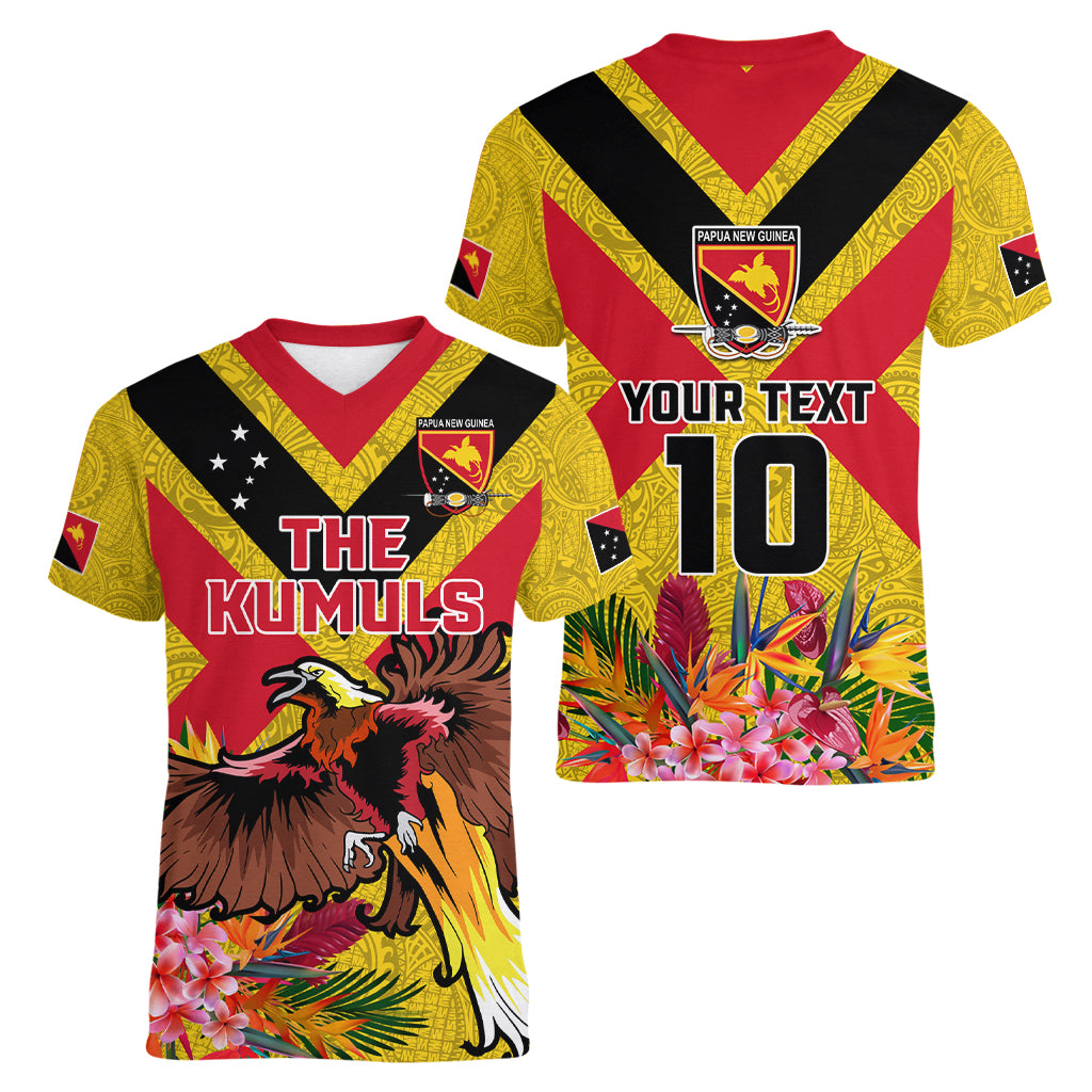 Custom Papua New Guinea Rugby Women V Neck T Shirt Bird of Paradise and Hibiscus Polynesian Pattern Yellow Color LT03