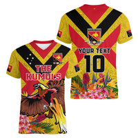 Custom Papua New Guinea Rugby Women V Neck T Shirt Bird of Paradise and Hibiscus Polynesian Pattern Yellow Color LT03
