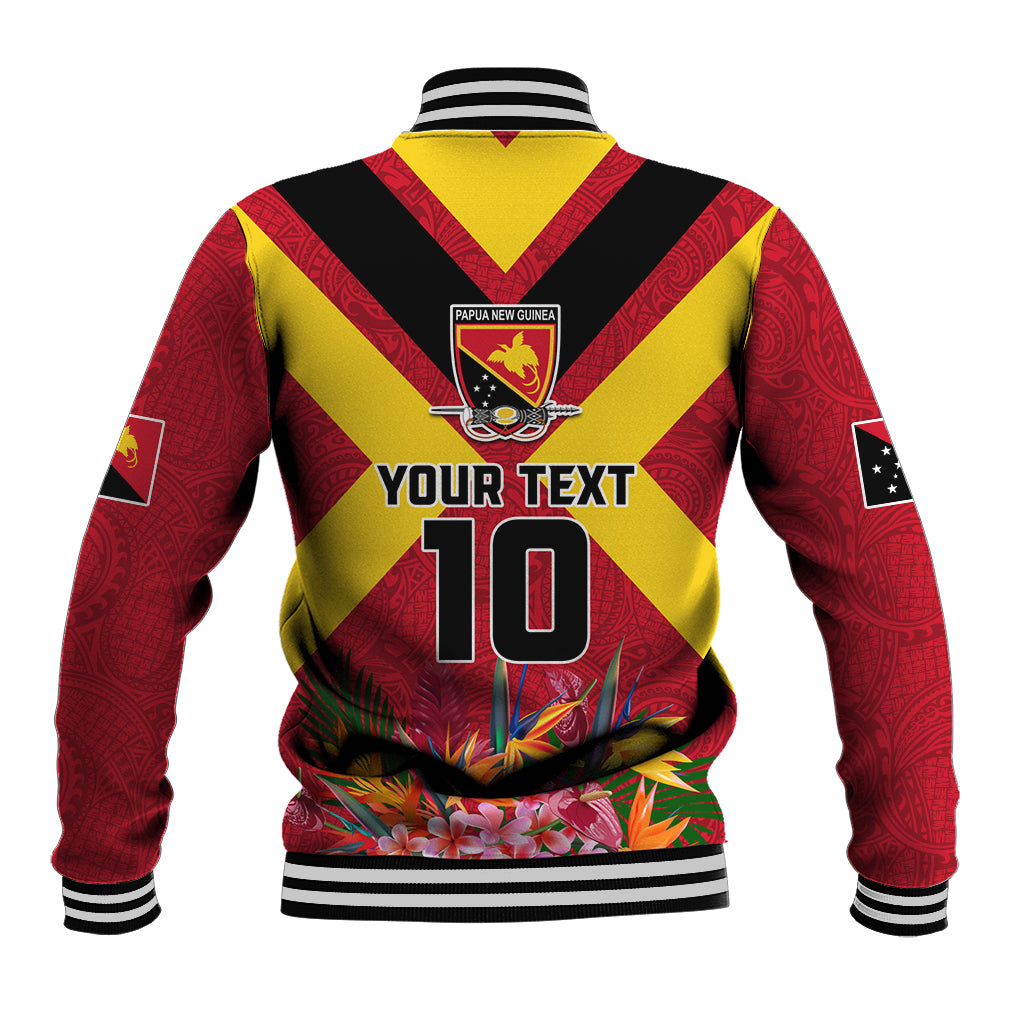 Custom Papua New Guinea Rugby Baseball Jacket Bird of Paradise and Hibiscus Polynesian Pattern Red Color LT03 - Polynesian Pride