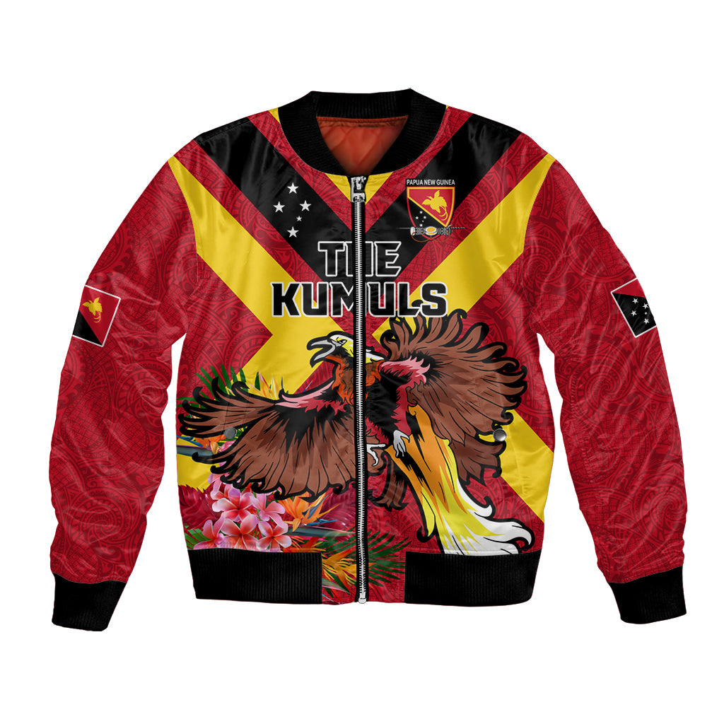 Custom Papua New Guinea Rugby Bomber Jacket Bird of Paradise and Hibiscus Polynesian Pattern Red Color LT03 Unisex Red - Polynesian Pride
