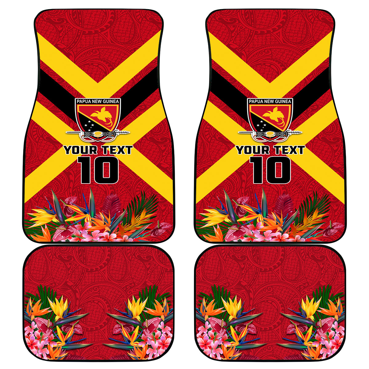 Custom Papua New Guinea Rugby Car Mats Bird of Paradise and Hibiscus Polynesian Pattern Red Color LT03 - Polynesian Pride
