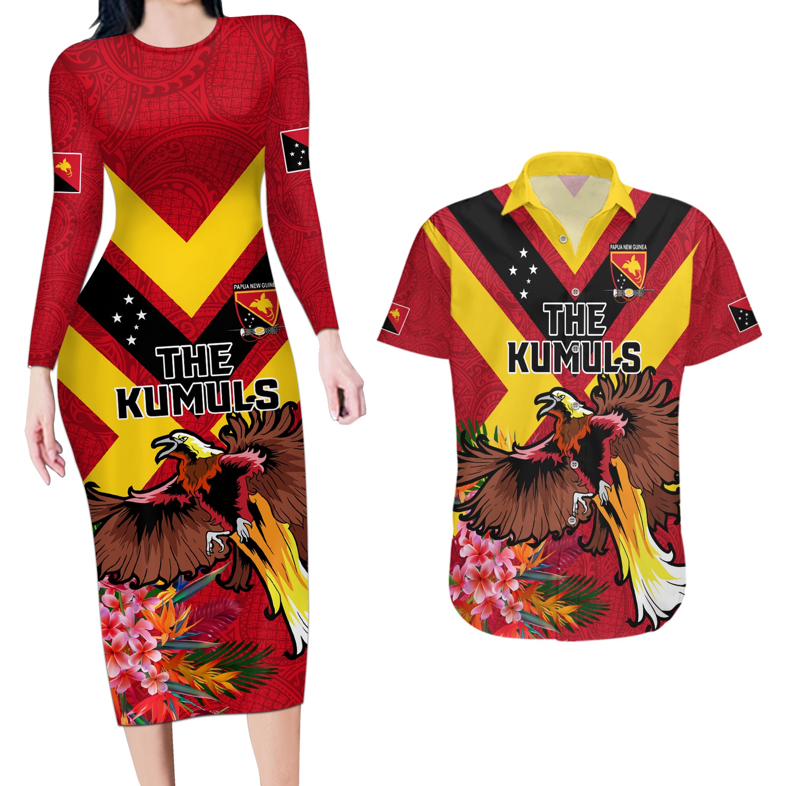Custom Papua New Guinea Rugby Couples Matching Long Sleeve Bodycon Dress and Hawaiian Shirt Bird of Paradise and Hibiscus Polynesian Pattern Red Color LT03 Red - Polynesian Pride
