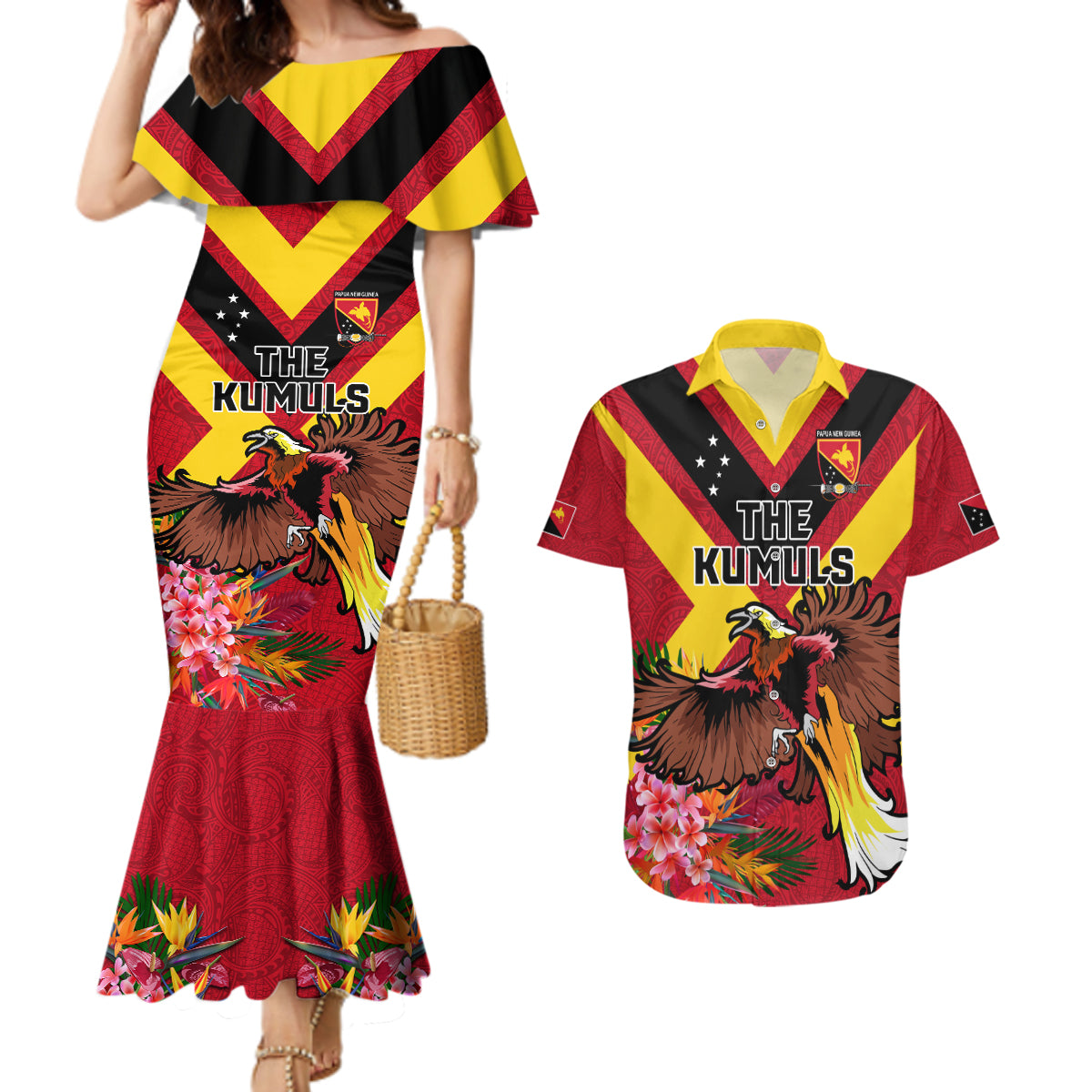 Custom Papua New Guinea Rugby Couples Matching Mermaid Dress and Hawaiian Shirt Bird of Paradise and Hibiscus Polynesian Pattern Red Color LT03