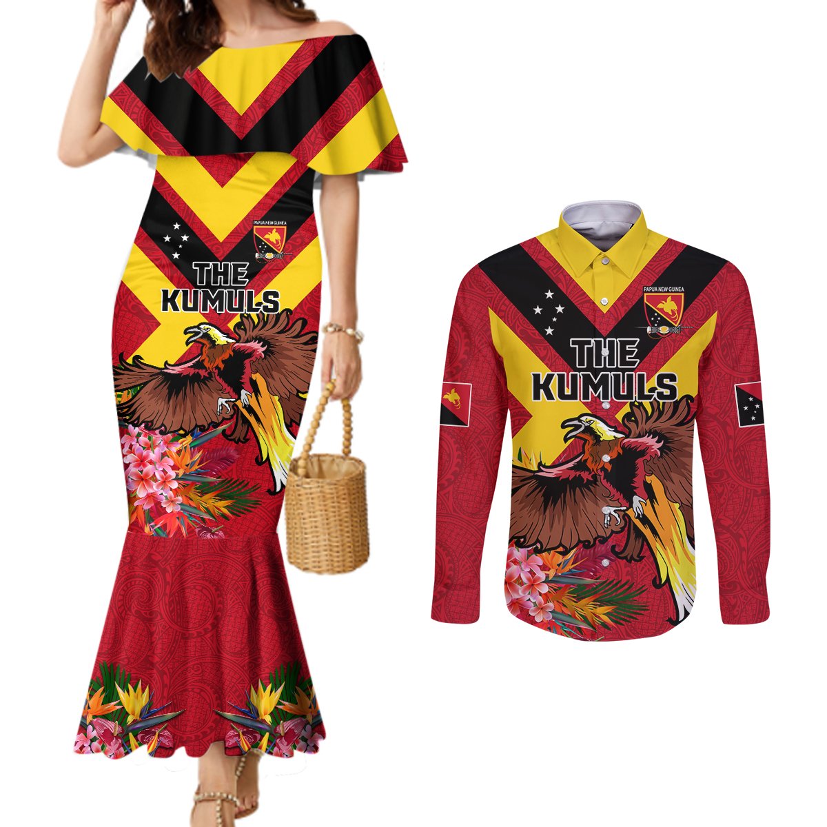 Custom Papua New Guinea Rugby Couples Matching Mermaid Dress and Long Sleeve Button Shirt Bird of Paradise and Hibiscus Polynesian Pattern Red Color LT03 Red - Polynesian Pride
