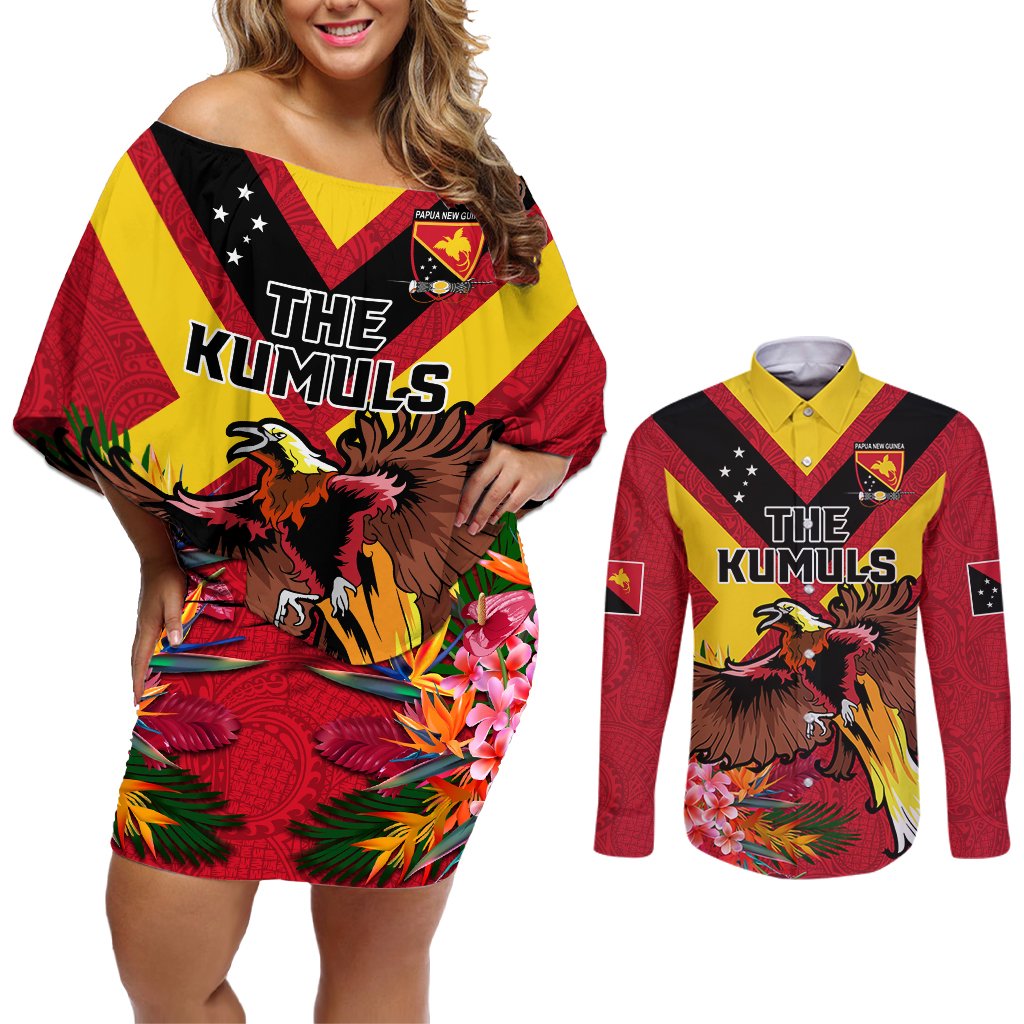 Custom Papua New Guinea Rugby Couples Matching Off Shoulder Short Dress and Long Sleeve Button Shirt Bird of Paradise and Hibiscus Polynesian Pattern Red Color LT03 Red - Polynesian Pride
