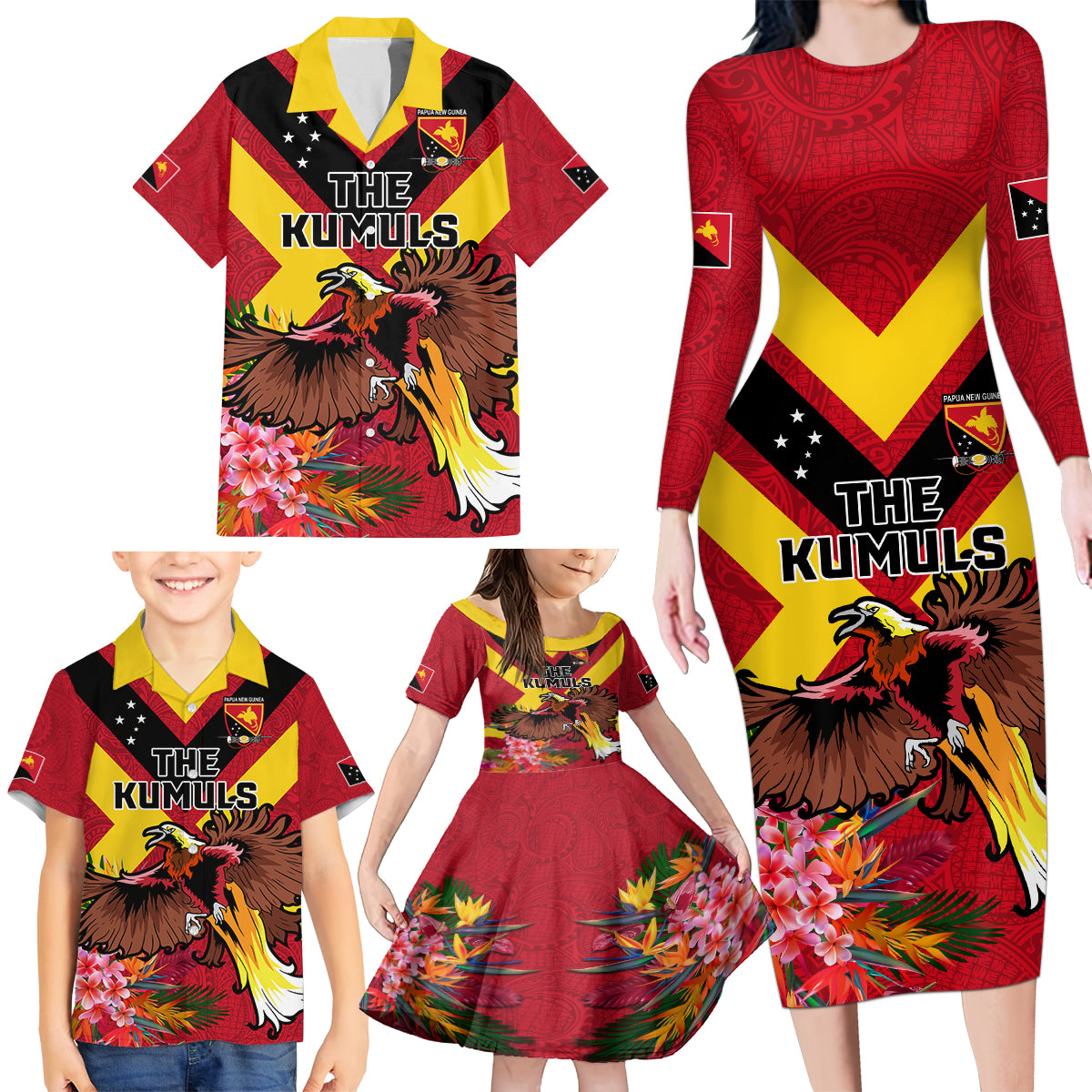 Custom Papua New Guinea Rugby Family Matching Long Sleeve Bodycon Dress and Hawaiian Shirt Bird of Paradise and Hibiscus Polynesian Pattern Red Color LT03