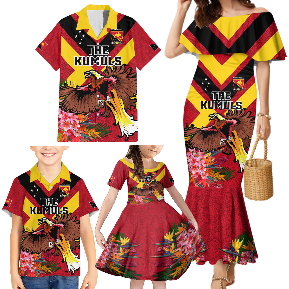 Custom Papua New Guinea Rugby Family Matching Mermaid Dress and Hawaiian Shirt Bird of Paradise and Hibiscus Polynesian Pattern Red Color LT03