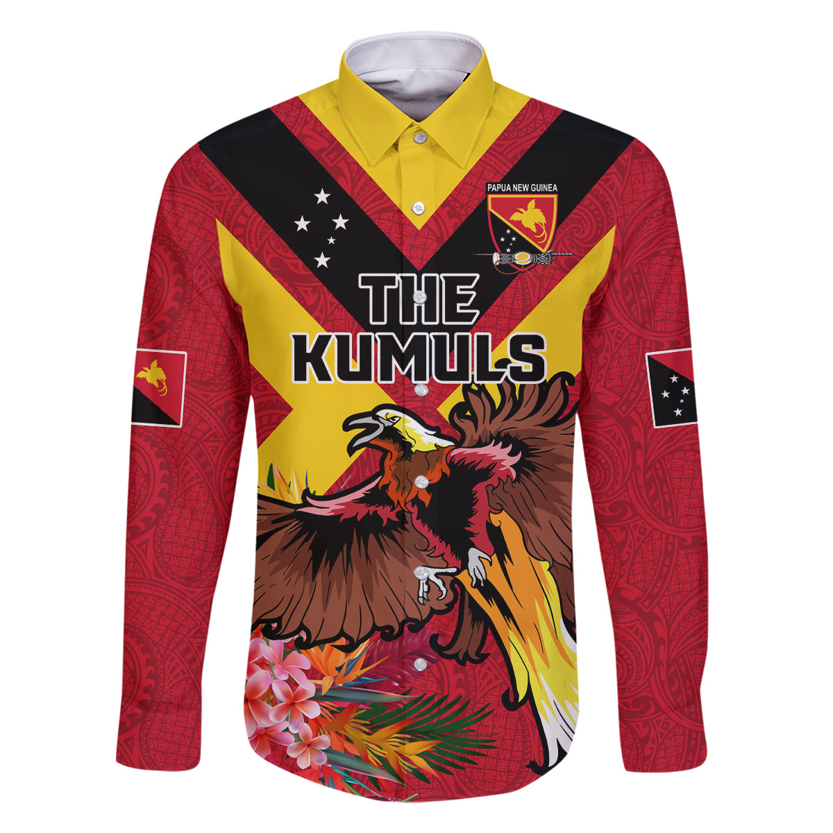 Custom Papua New Guinea Rugby Family Matching Mermaid Dress and Hawaiian Shirt Bird of Paradise and Hibiscus Polynesian Pattern Red Color LT03