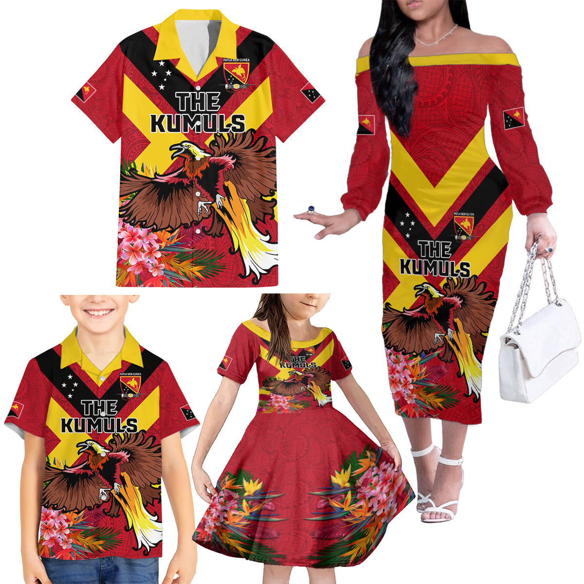 Custom Papua New Guinea Rugby Family Matching Off The Shoulder Long Sleeve Dress and Hawaiian Shirt Bird of Paradise and Hibiscus Polynesian Pattern Red Color LT03