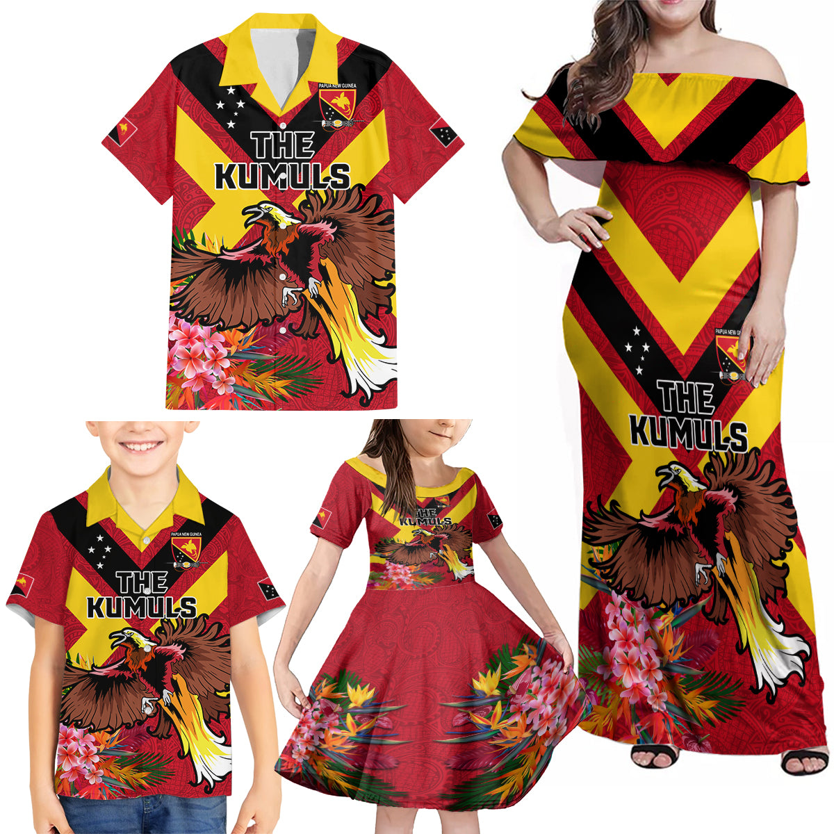 Custom Papua New Guinea Rugby Family Matching Off Shoulder Maxi Dress and Hawaiian Shirt Bird of Paradise and Hibiscus Polynesian Pattern Red Color LT03