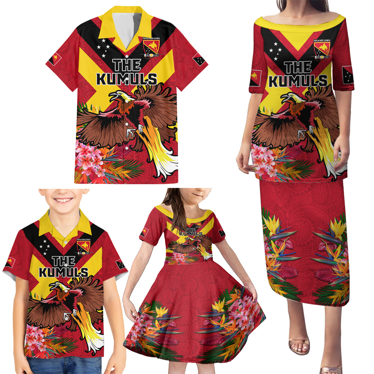 Custom Papua New Guinea Rugby Family Matching Puletasi and Hawaiian Shirt Bird of Paradise and Hibiscus Polynesian Pattern Red Color LT03