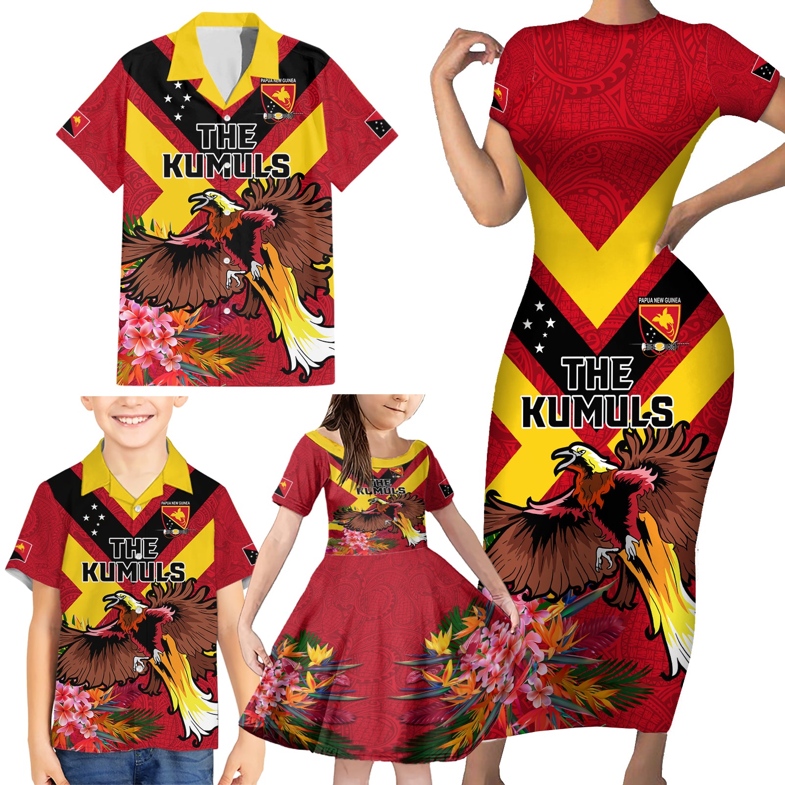 Custom Papua New Guinea Rugby Family Matching Short Sleeve Bodycon Dress and Hawaiian Shirt Bird of Paradise and Hibiscus Polynesian Pattern Red Color LT03