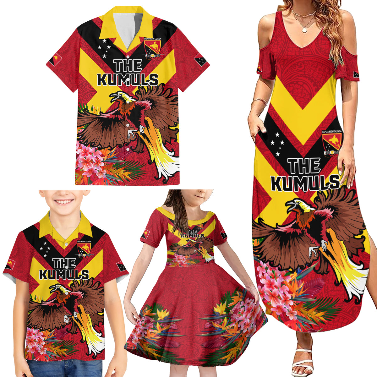 Custom Papua New Guinea Rugby Family Matching Summer Maxi Dress and Hawaiian Shirt Bird of Paradise and Hibiscus Polynesian Pattern Red Color LT03