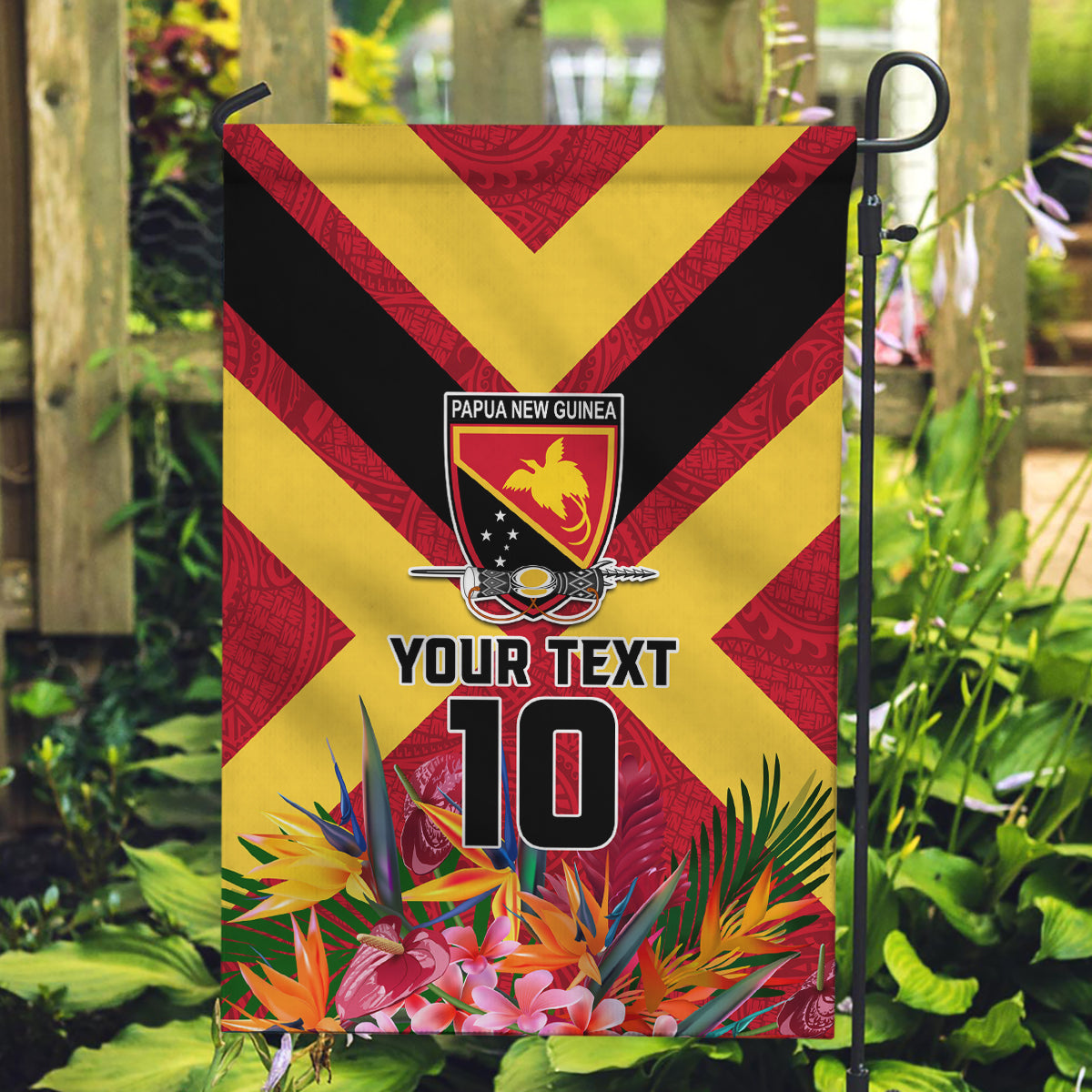 Custom Papua New Guinea Rugby Garden Flag Bird of Paradise and Hibiscus Polynesian Pattern Red Color