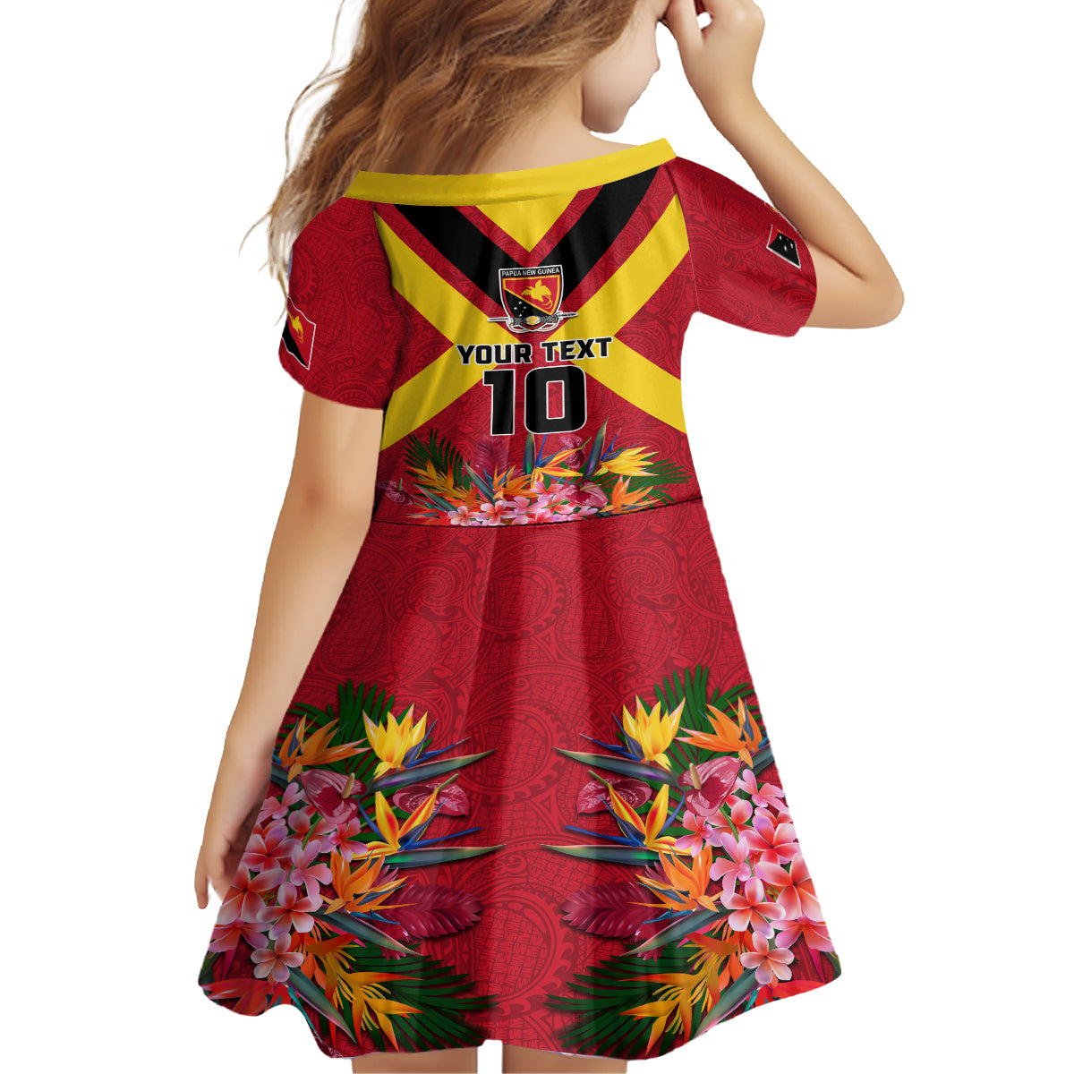 Custom Papua New Guinea Rugby Kid Short Sleeve Dress Bird of Paradise and Hibiscus Polynesian Pattern Red Color LT03 - Polynesian Pride