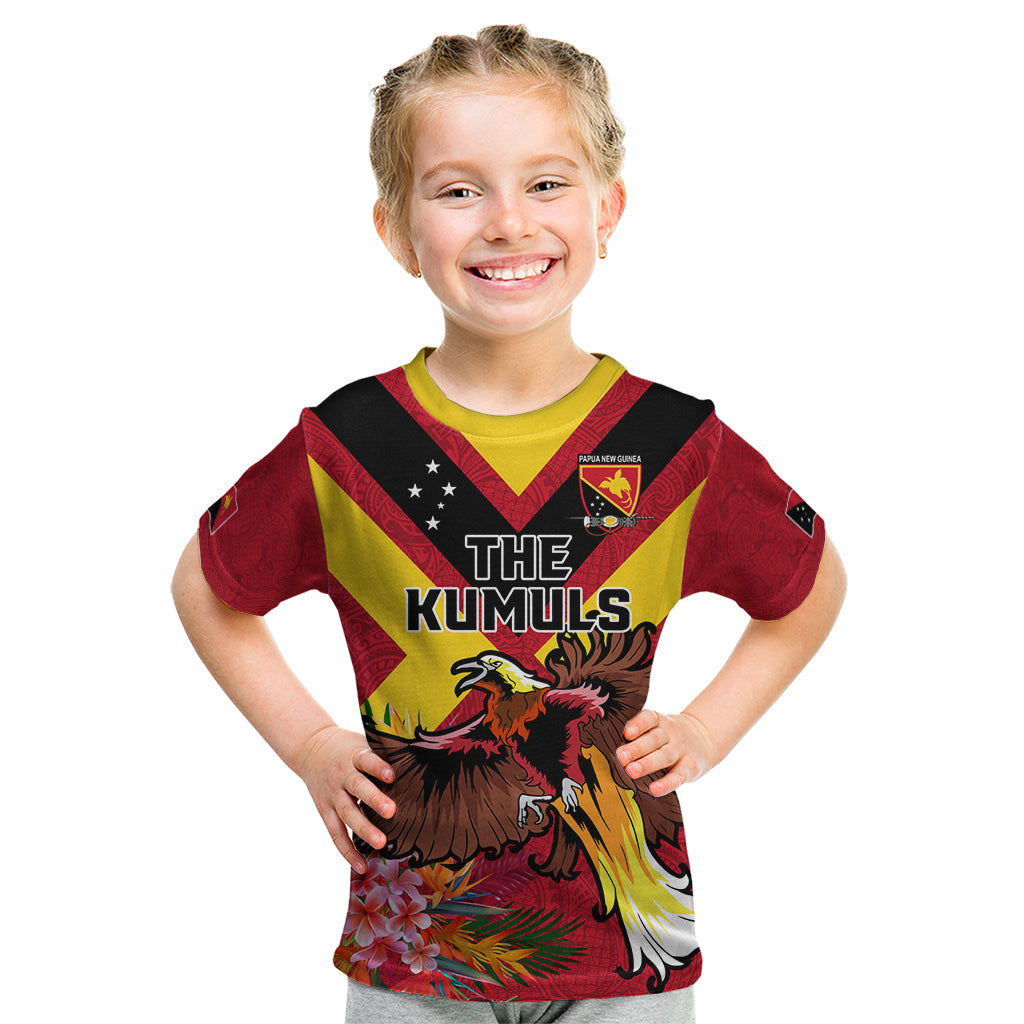 Custom Papua New Guinea Rugby Kid T Shirt Bird of Paradise and Hibiscus Polynesian Pattern Red Color LT03