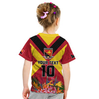 Custom Papua New Guinea Rugby Kid T Shirt Bird of Paradise and Hibiscus Polynesian Pattern Red Color LT03