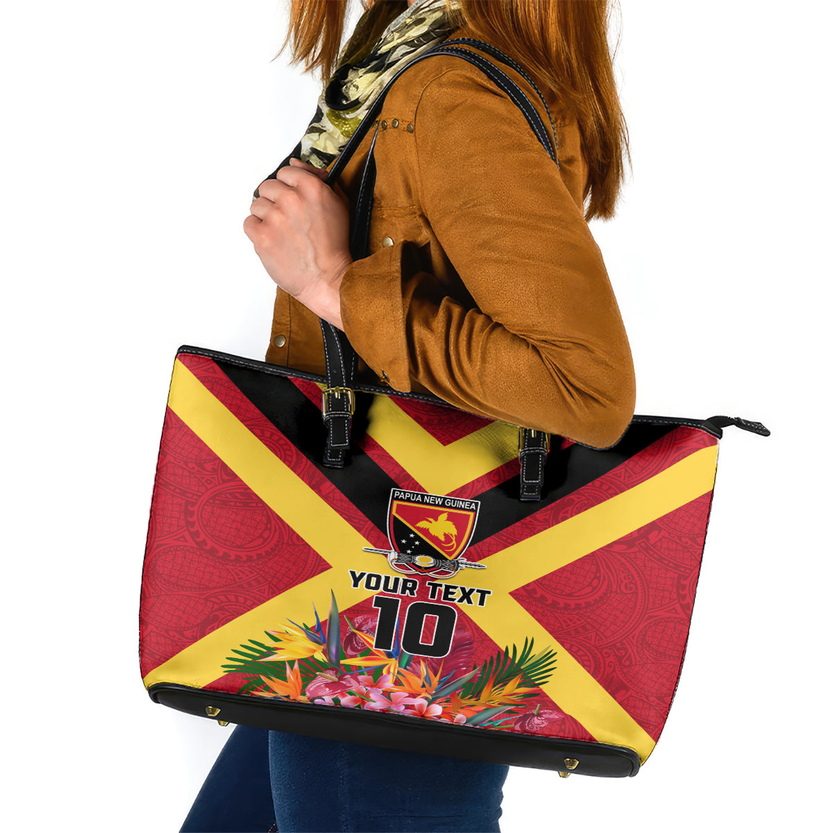 Custom Papua New Guinea Rugby Leather Tote Bag Bird of Paradise and Hibiscus Polynesian Pattern Red Color LT03 Red - Polynesian Pride