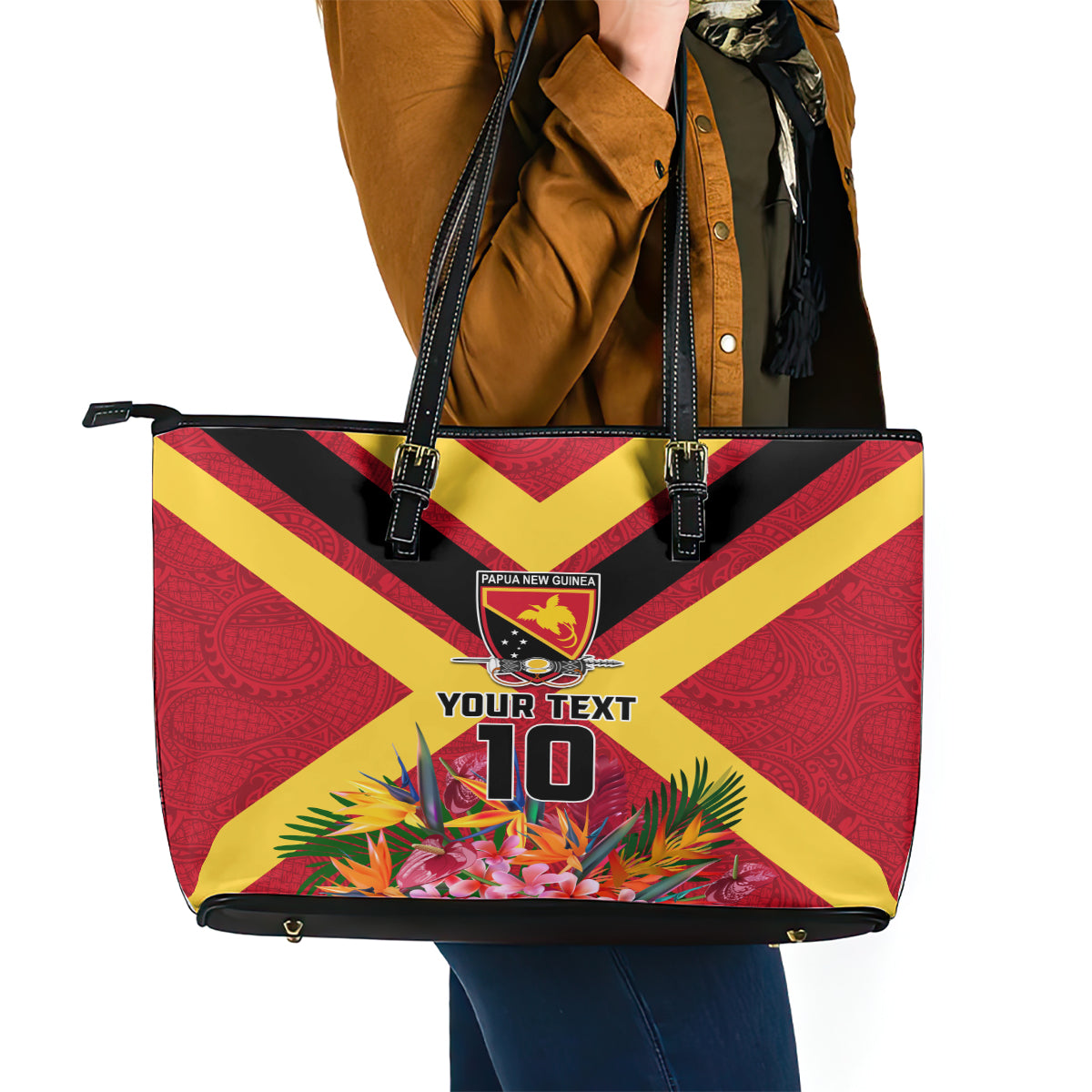 Custom Papua New Guinea Rugby Leather Tote Bag Bird of Paradise and Hibiscus Polynesian Pattern Red Color LT03 - Polynesian Pride