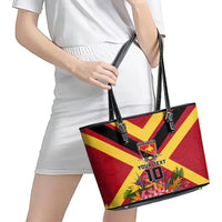 Custom Papua New Guinea Rugby Leather Tote Bag Bird of Paradise and Hibiscus Polynesian Pattern Red Color LT03 - Polynesian Pride