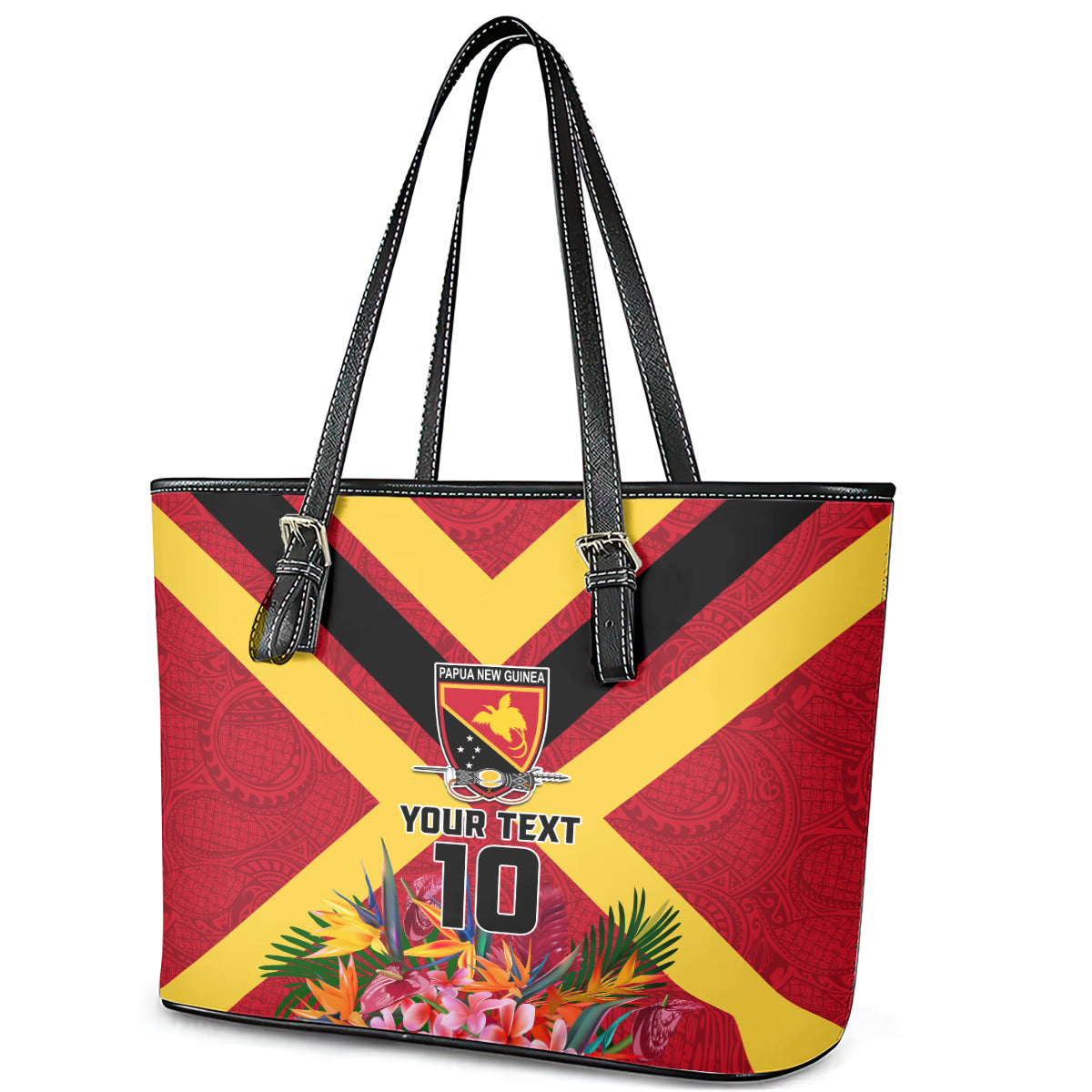 Custom Papua New Guinea Rugby Leather Tote Bag Bird of Paradise and Hibiscus Polynesian Pattern Red Color LT03 - Polynesian Pride
