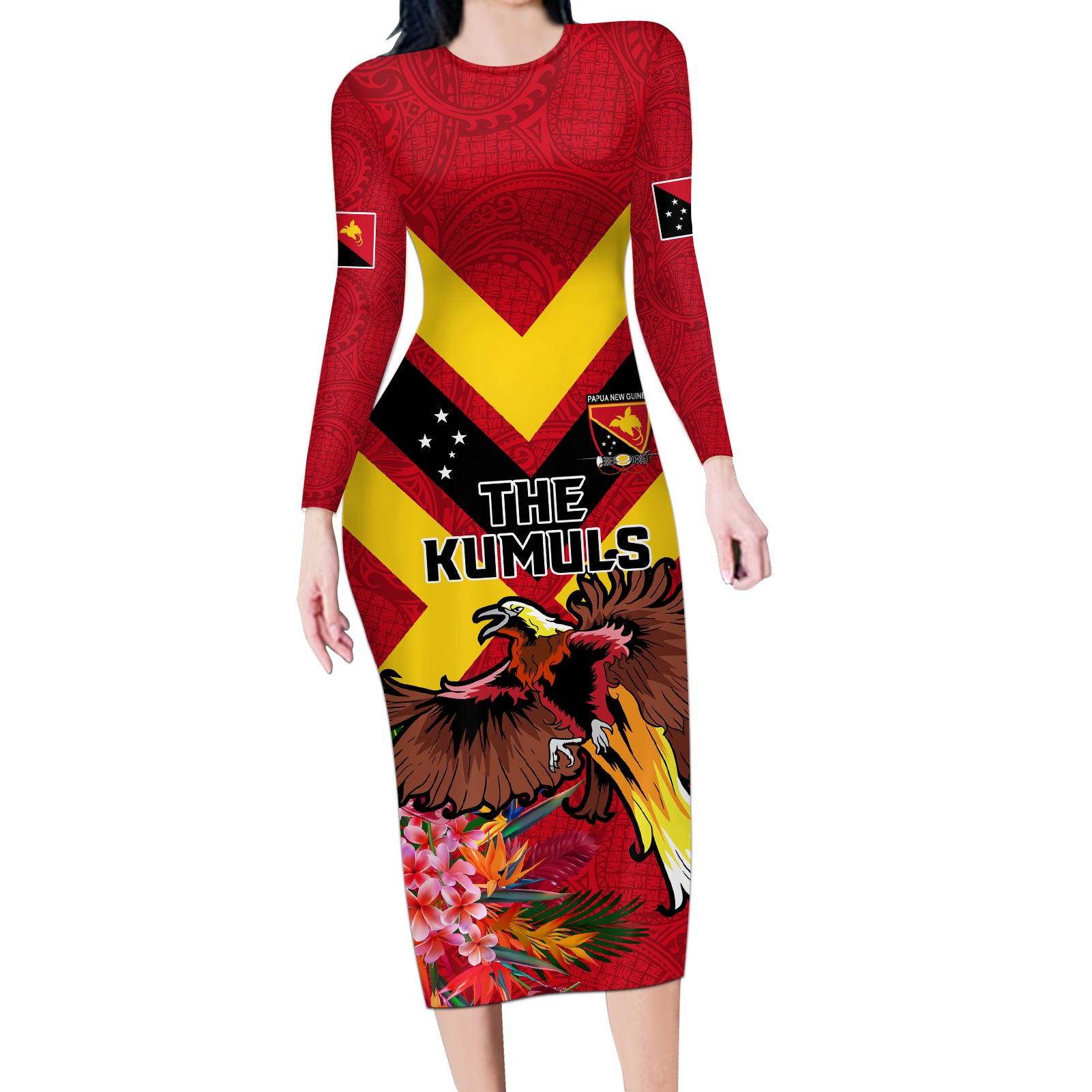 Custom Papua New Guinea Rugby Long Sleeve Bodycon Dress Bird of Paradise and Hibiscus Polynesian Pattern Red Color LT03