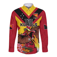 Custom Papua New Guinea Rugby Long Sleeve Button Shirt Bird of Paradise and Hibiscus Polynesian Pattern Red Color LT03