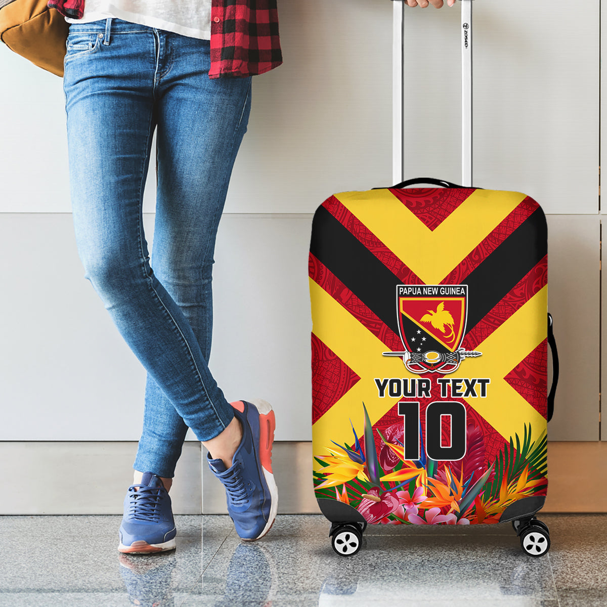 Custom Papua New Guinea Rugby Luggage Cover Bird of Paradise and Hibiscus Polynesian Pattern Red Color