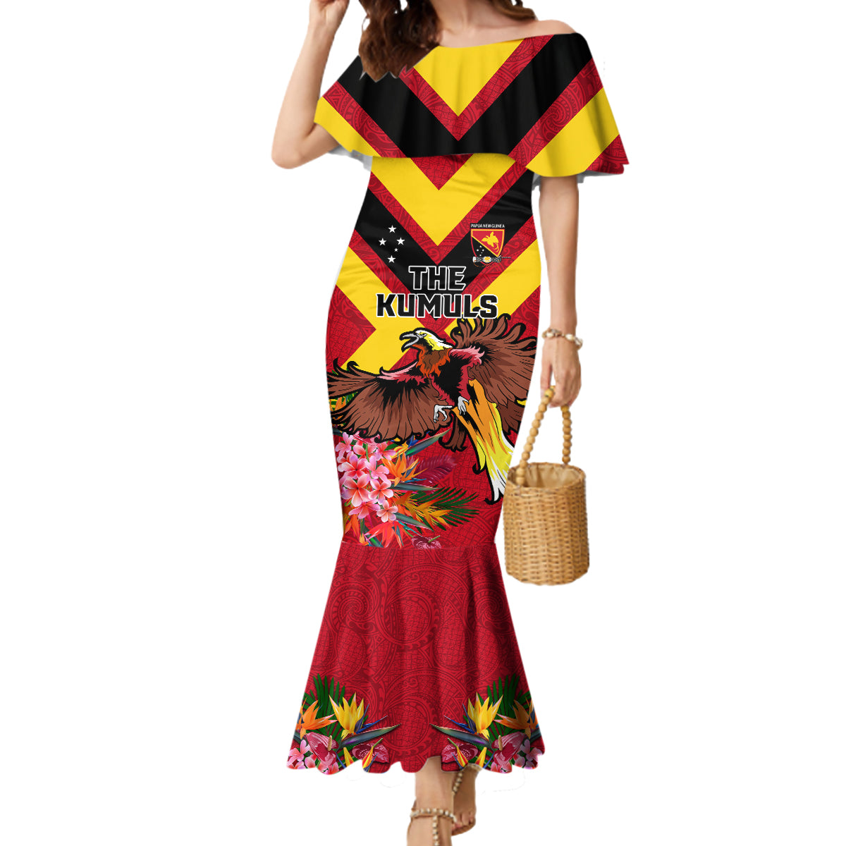 Custom Papua New Guinea Rugby Mermaid Dress Bird of Paradise and Hibiscus Polynesian Pattern Red Color LT03