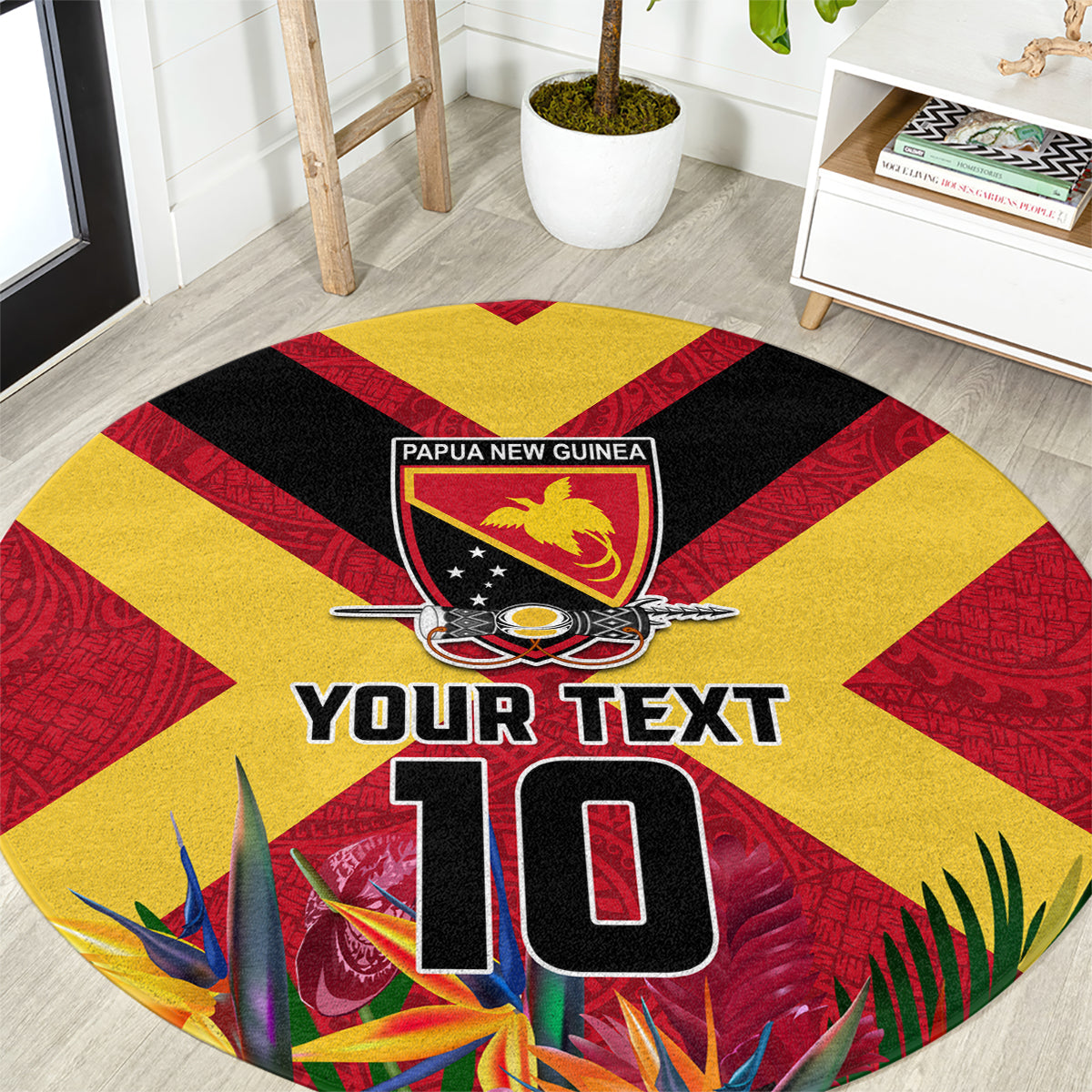 Custom Papua New Guinea Rugby Round Carpet Bird of Paradise and Hibiscus Polynesian Pattern Red Color