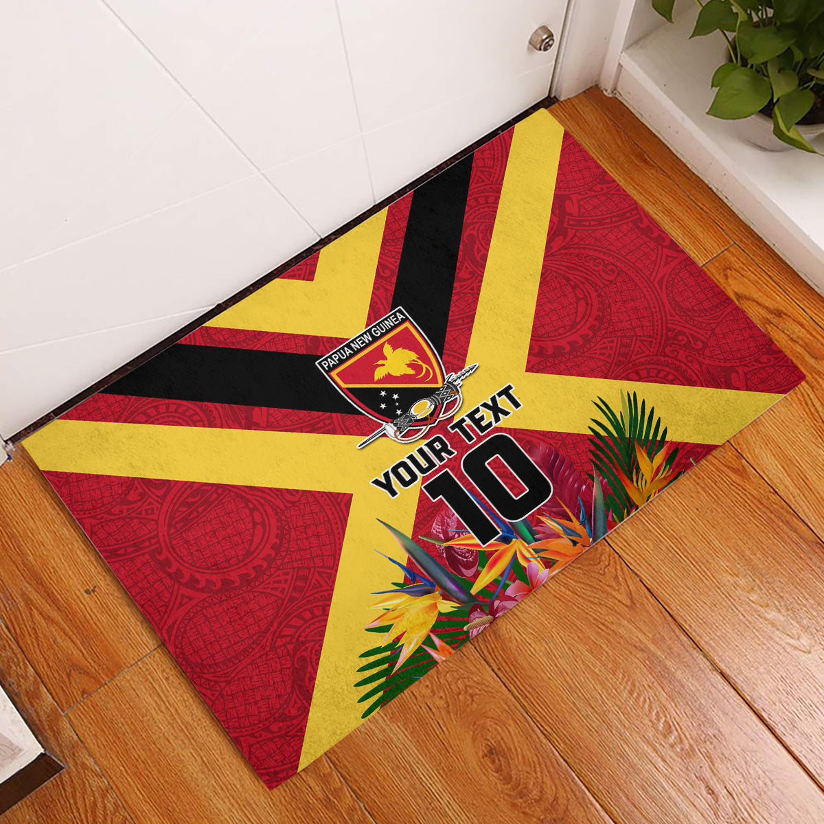 Custom Papua New Guinea Rugby Rubber Doormat Bird of Paradise and Hibiscus Polynesian Pattern Red Color LT03 Red - Polynesian Pride