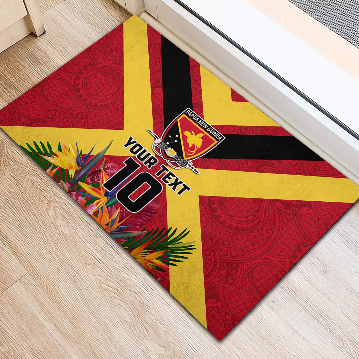 Custom Papua New Guinea Rugby Rubber Doormat Bird of Paradise and Hibiscus Polynesian Pattern Red Color LT03 - Polynesian Pride