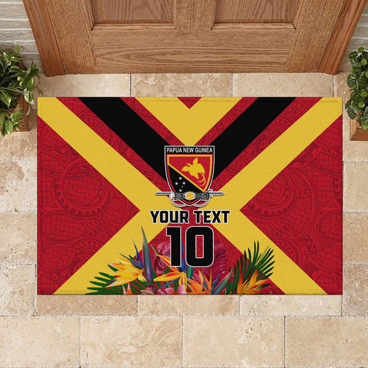 Custom Papua New Guinea Rugby Rubber Doormat Bird of Paradise and Hibiscus Polynesian Pattern Red Color LT03 - Polynesian Pride