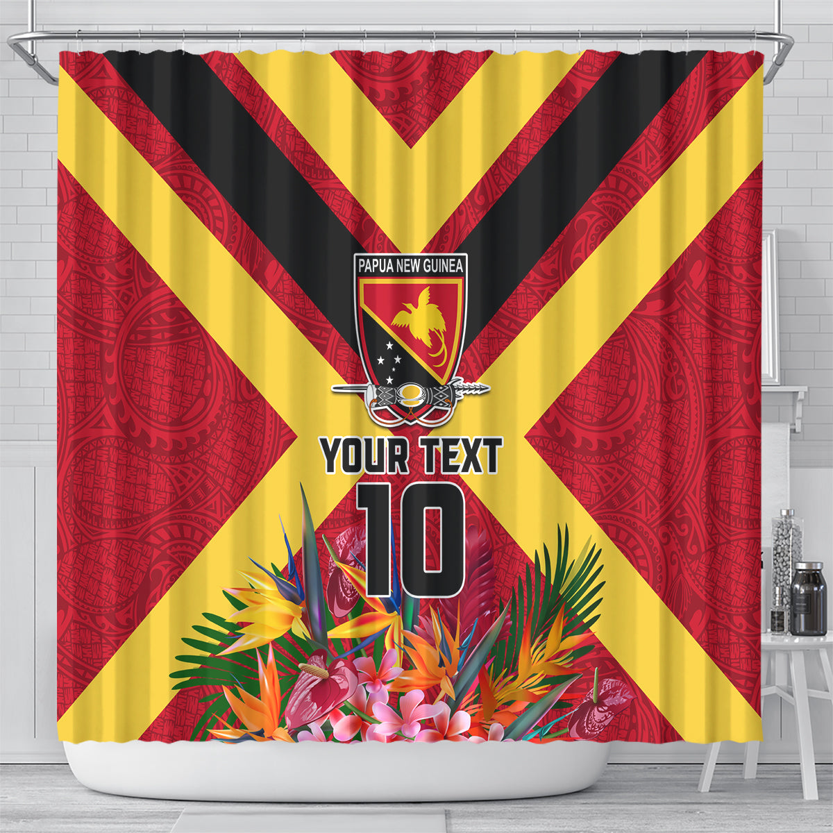 Custom Papua New Guinea Rugby Shower Curtain Bird of Paradise and Hibiscus Polynesian Pattern Red Color