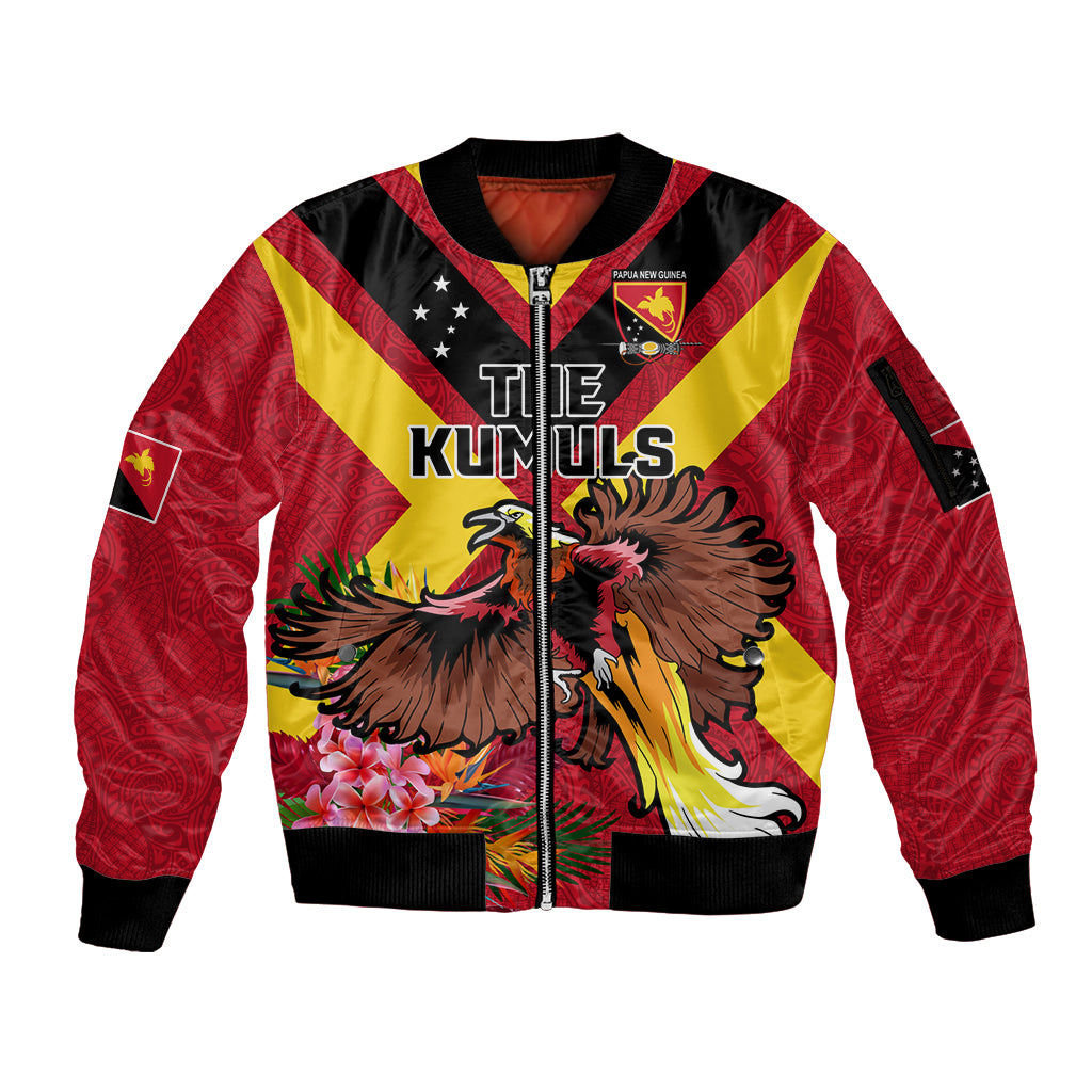 Custom Papua New Guinea Rugby Sleeve Zip Bomber Jacket Bird of Paradise and Hibiscus Polynesian Pattern Red Color LT03 Unisex Red - Polynesian Pride