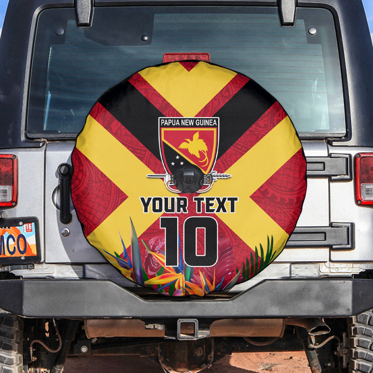 Custom Papua New Guinea Rugby Spare Tire Cover Bird of Paradise and Hibiscus Polynesian Pattern Red Color