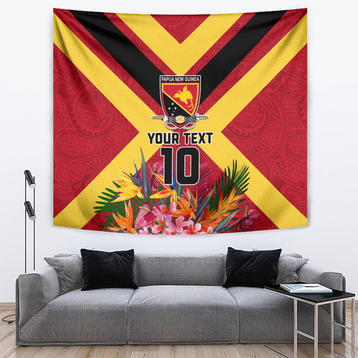 Custom Papua New Guinea Rugby Tapestry Bird of Paradise and Hibiscus Polynesian Pattern Red Color