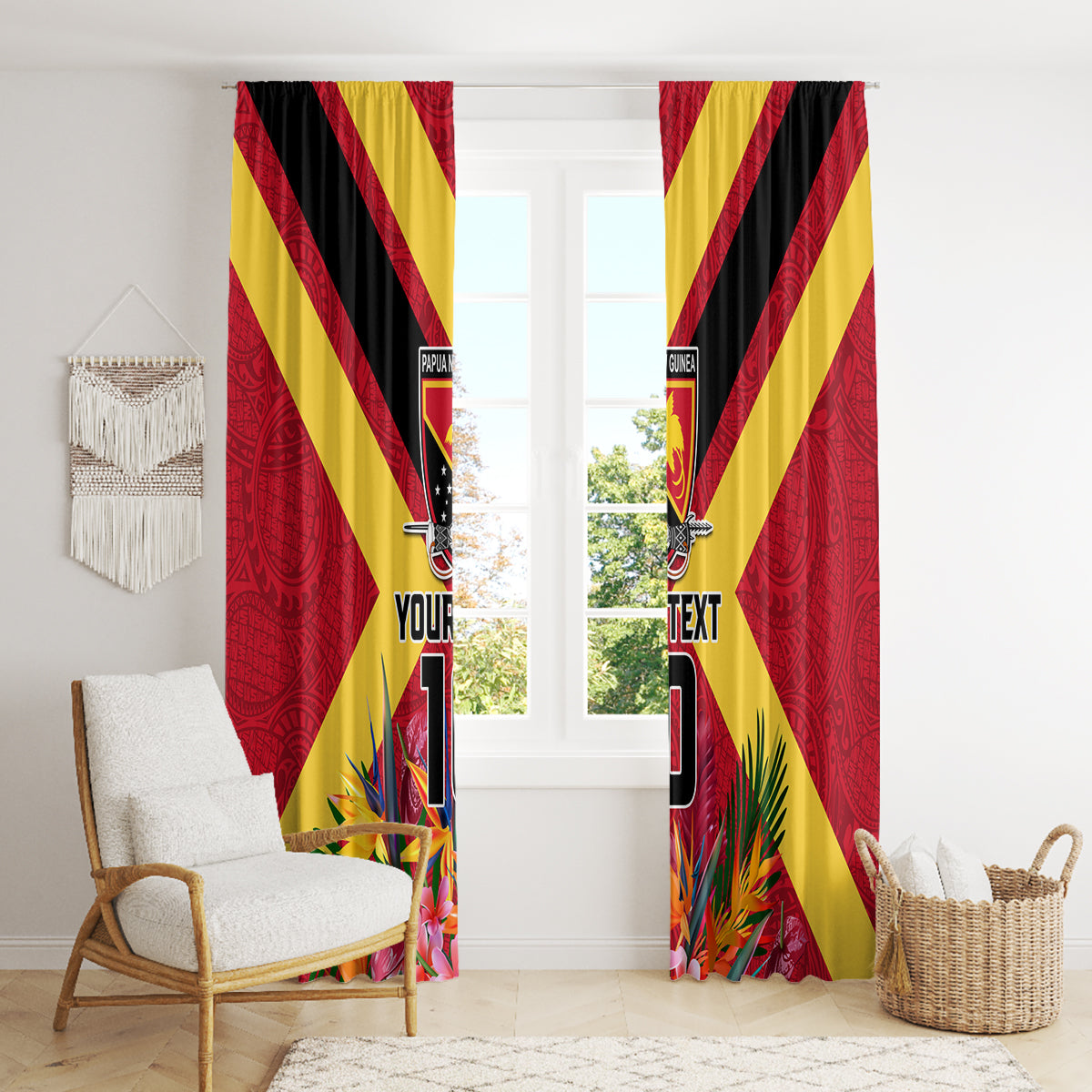 Custom Papua New Guinea Rugby Window Curtain Bird of Paradise and Hibiscus Polynesian Pattern Red Color LT03 - Polynesian Pride