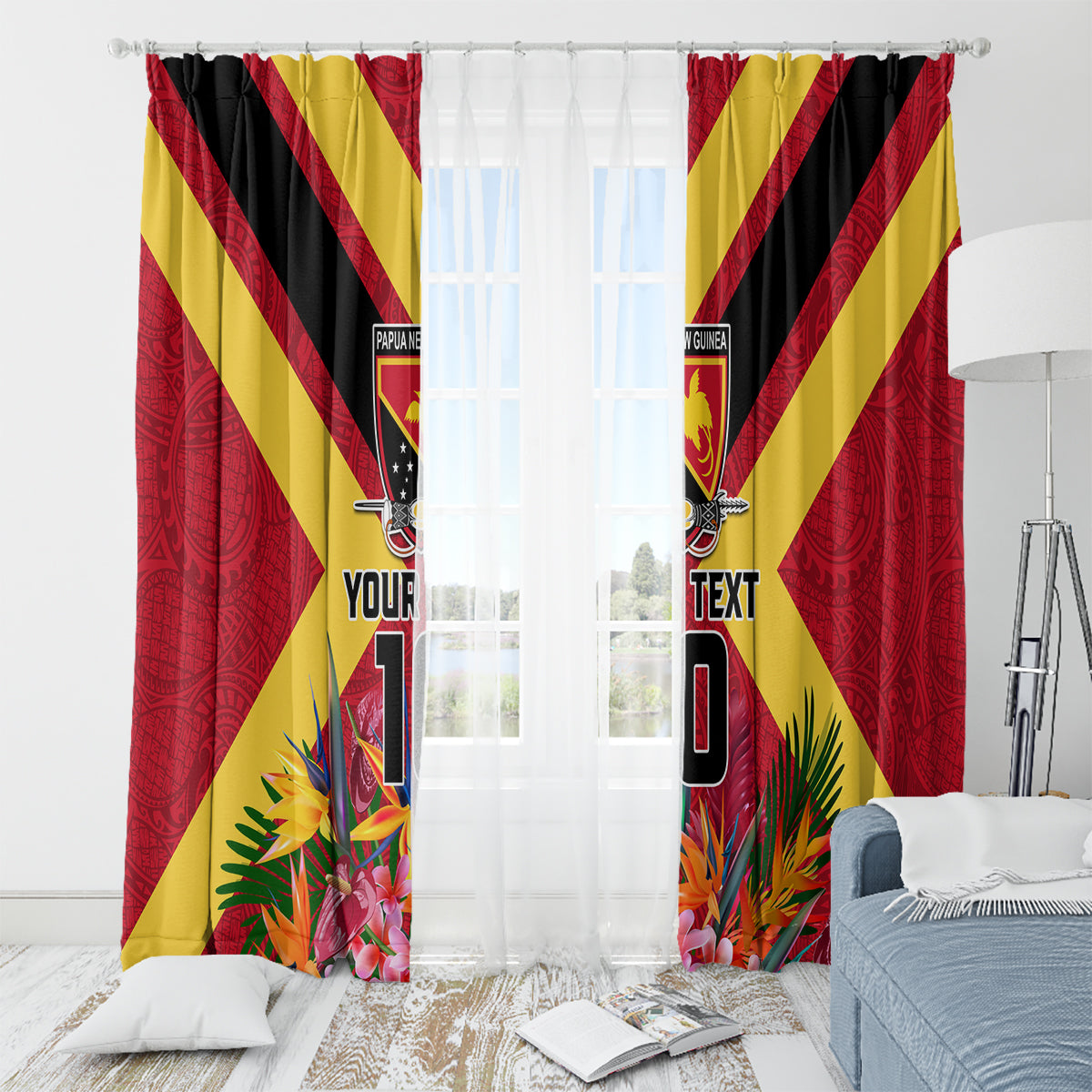 Custom Papua New Guinea Rugby Window Curtain Bird of Paradise and Hibiscus Polynesian Pattern Red Color LT03 - Polynesian Pride